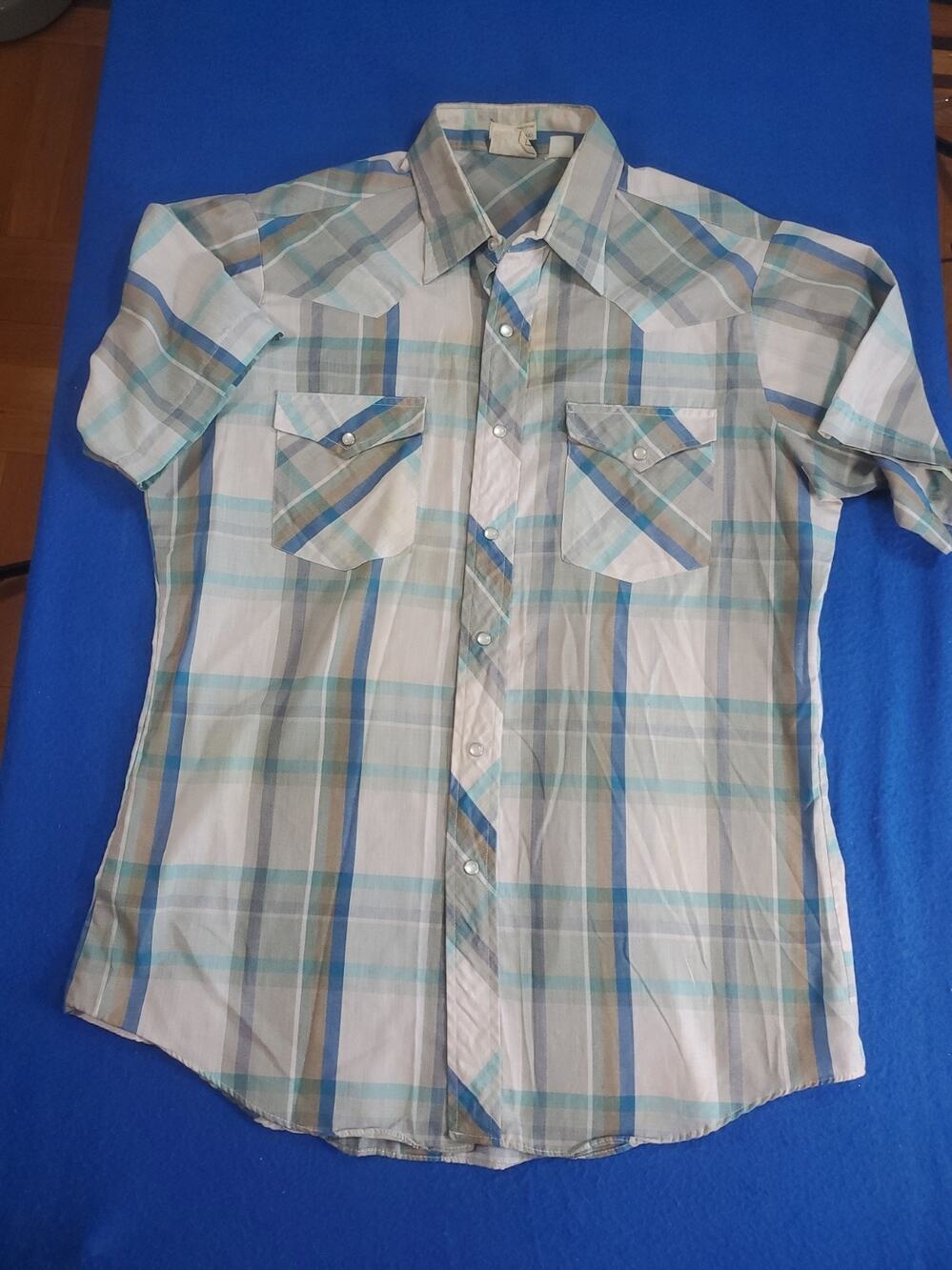 Vtg Lee Western Shirt Mens Large Blue Plaid Pearl Snap Short Sleeve Cowboy 70s
